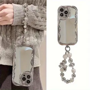 Electroplate Mirror Soft Phone Case for iPhone 17/16/15/14 Plus/13/12/11/X/XS Pro Max,Soft TPU Wave Frame Shiny Make UP Mirror Creative Shockproof Full-Body Protection Cover Women Girls Case with Bracelet Chain-Heart