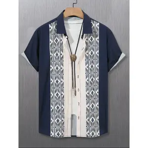 Men's Geometric Print Curved Hem Shirt, Loose Short Sleeve Button Up Top for Business Daily Wear, Menswear for Summer, Tropical, Casual Trendy Shirt