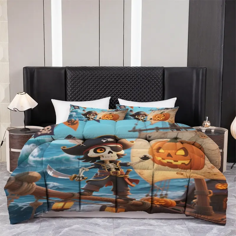 Halloween Pirate Skeleton & Jack-O-Lantern Quilt Set, 3-Piece Microfiber Bedding, Soft Cozy Comforter for All Seasons, Bedroom Decor