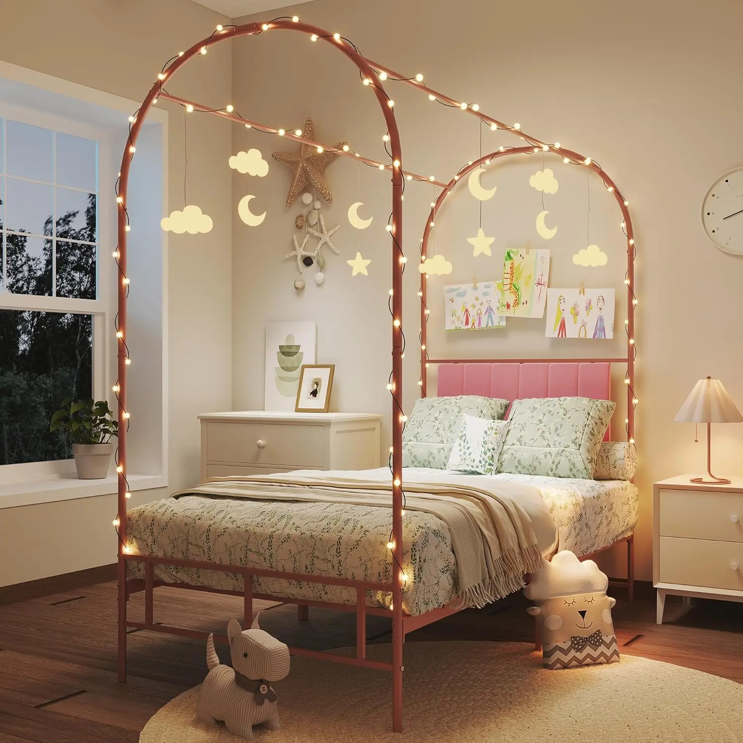 GAOMON Canopy Bed Frame with Upholstered Headboard Twin Size Bed Frame with Under Bed Storage Decorative Arched Metal Bed Frame No Box Spring Needed Pink