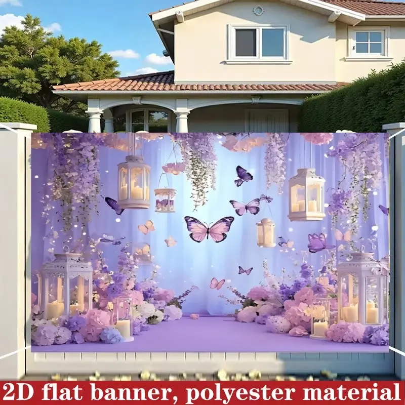 2D Flat 1PC Polyester Banner, Butterfly Party Decoration, Party Decorations Banners, Purple Blue Gradient Butterfly Theme Design, Featuring Wisteria, Pink Purple Flower Elements, Indoor and Outdoor Use, Ideal for Wedding Party, Photo Background
