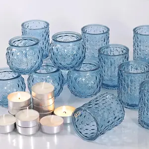 12 count Blue Votive Candle Holders with 12 count  Lights Candles- Glass Candle Holder for  Decoration,  Lights Candle Holders for Wedding, Party Table Centerpieces &