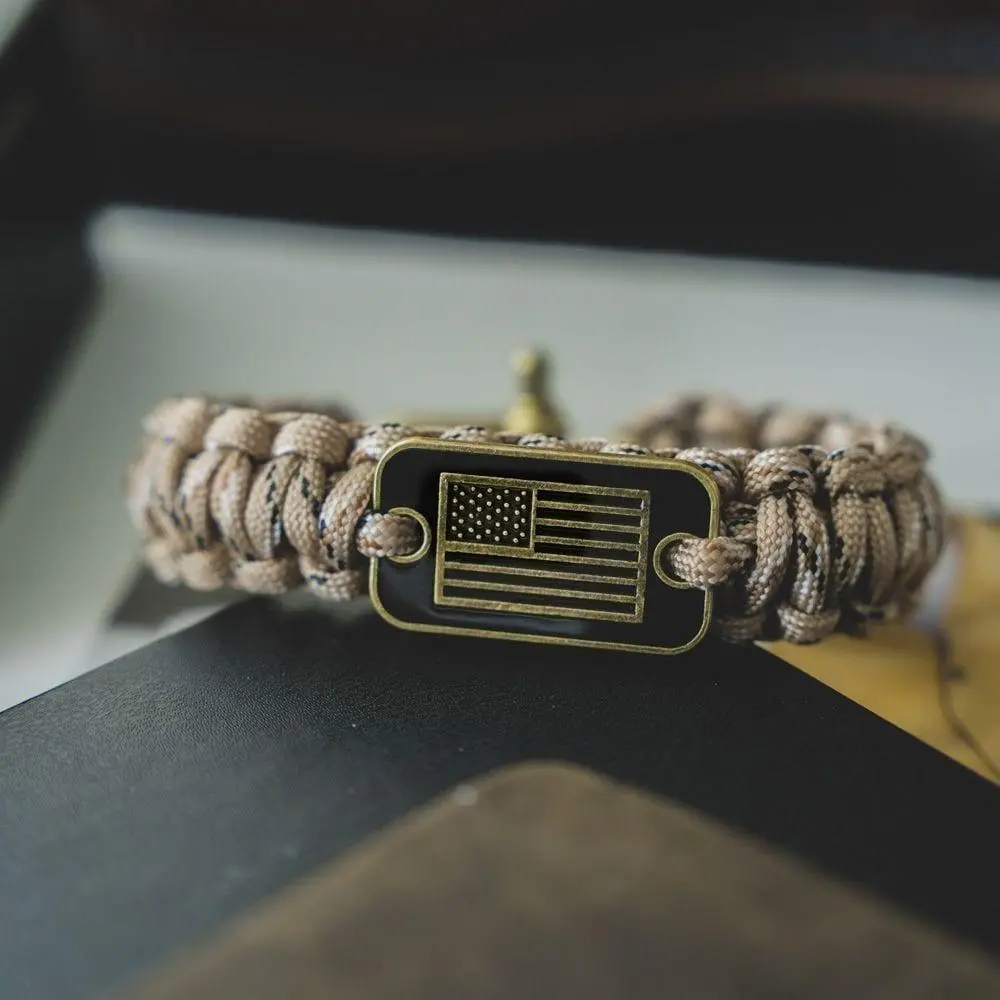 Desert Camo Paracord Bronze Flag Bracelet - Helps Pair Veterans With A Service Dog Or Shelter Dog