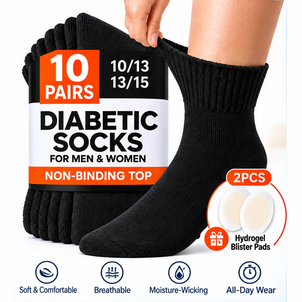 Unisex Diabetic Crew Socks (10 Pairs, Reg/10-13/13-15), Non-Binding Extra Wide Stretch, Breathable Moisture-Wicking Cotton-Polyester Blend, Smooth Toe, Loose Fit Everyday Wear Socks with 2 Hydrogel Blister Pads (Black Casual)