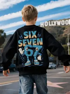 Six Seven 67 Cartoon Print Crewneck Sweatshirt, Autumn And Spring Children's Sports Shirt, Perfect For Boys And Girls For Daily Commuting, School, And Casual Sports Wear. A Long-Sleeve Top Ideal For Holiday Parties, Gatherings, Outdoor Activities