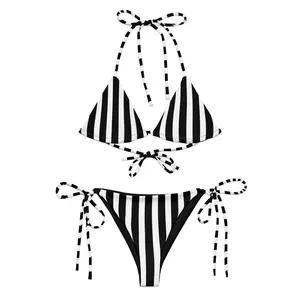 Black and White Striped String Bikini, Vertical Striped Bikini, Eco-Friendly Swimwear, Classic Black & White Bikini, Striped Bikini Set