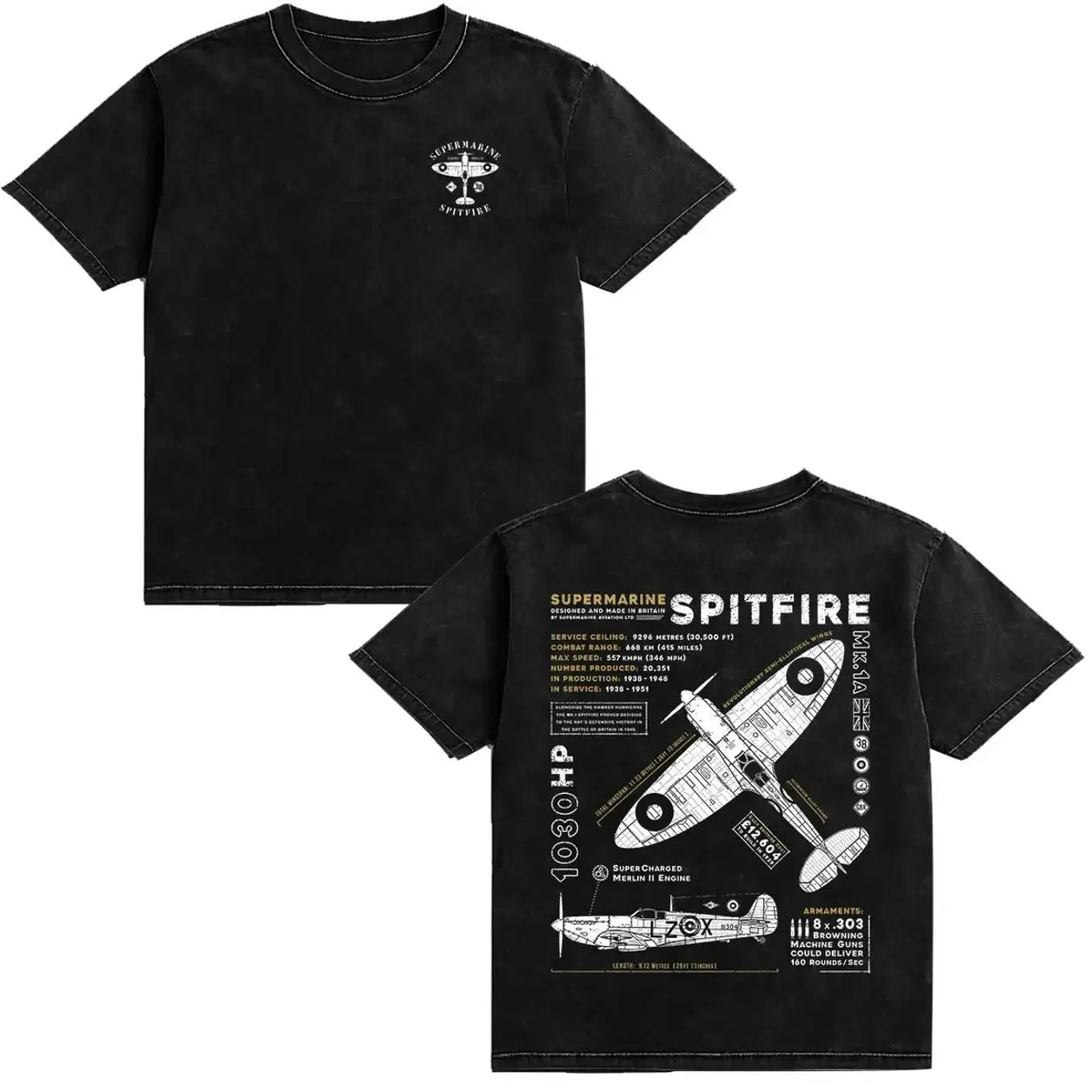Vintage Supermarine Spitfire MK 1 Washed Tshirt Short Sleeve Fighter Plane War Pilot Aircraft Airplane T-Shirt Gift EOG