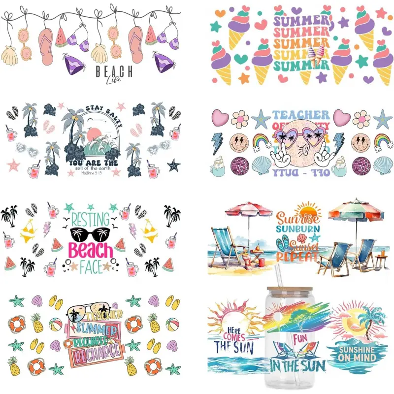 UV DTF Glass Stickers, 8 Summer Beach Theme Glass Transfer Craft Stickers, UV DTF Transfer Waterproof Stickers for 16 oz Libbey Glasses DIY