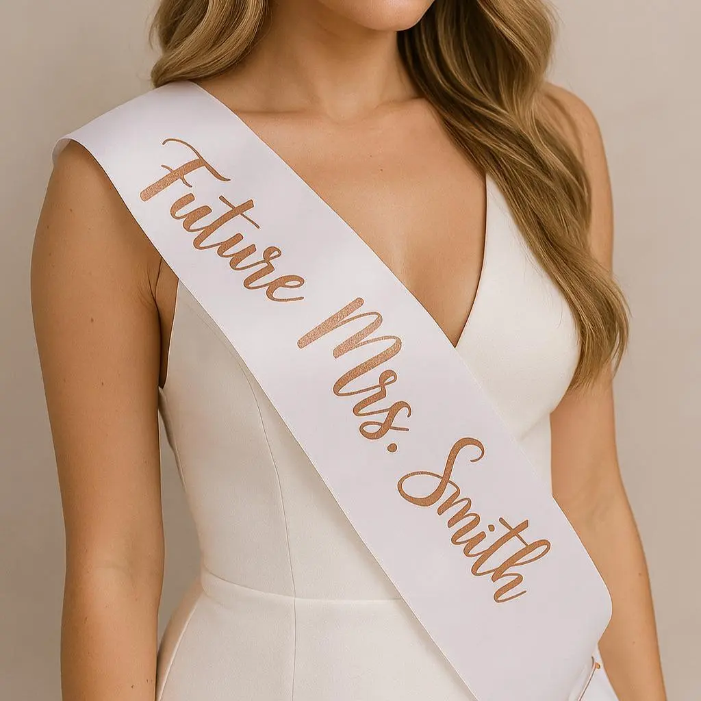 Custom White And Pink Satin Sash Future Mrs Bride Bachelorette Party Personalized Name Bridal Shower Wedding Gift Rose Gold Text Bridesmaid