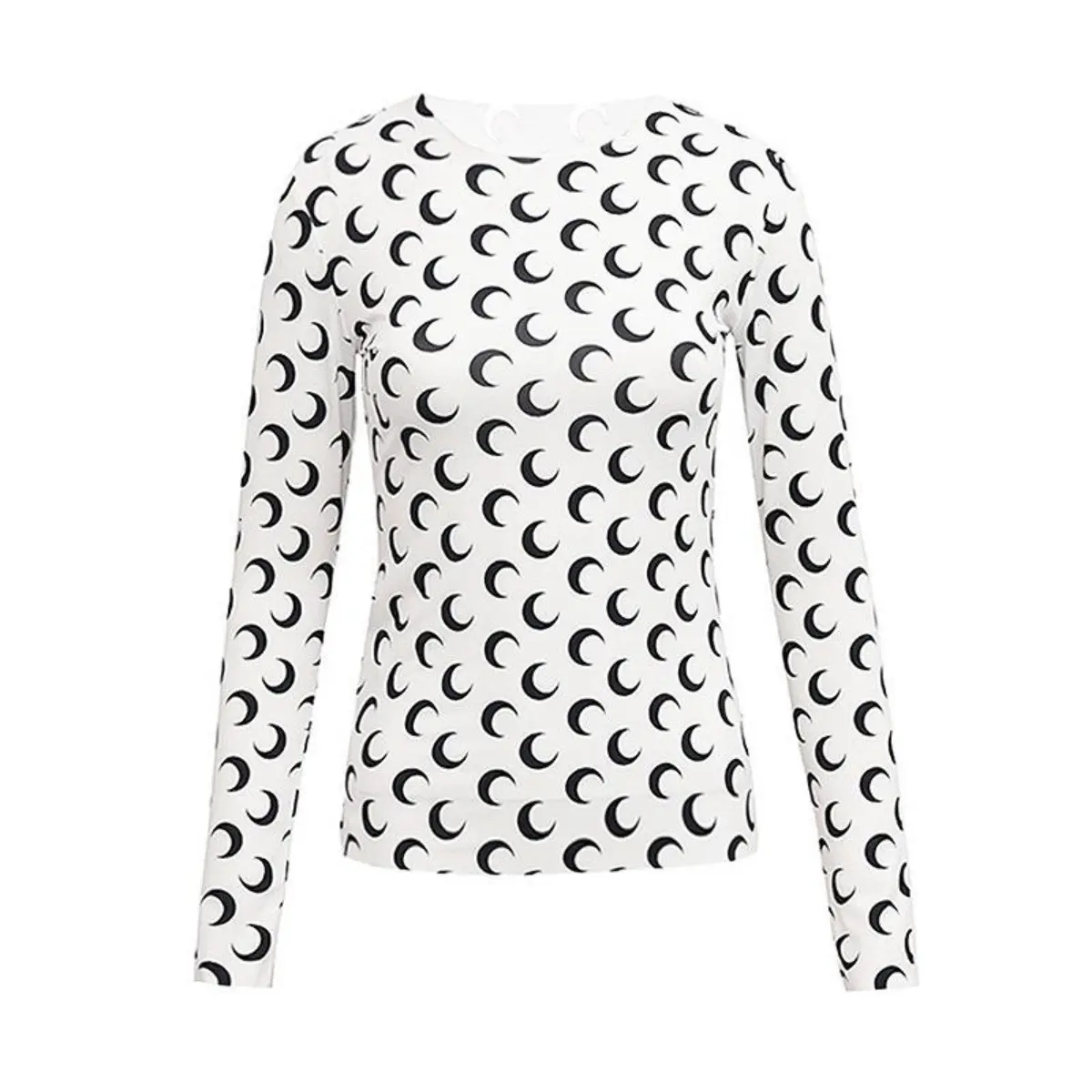 Crew Neck Long Sleeve Crop Top Short Shirt for Women, Crescent Moon Print Slim Fit, Versatile Casual Comfy Chic Edgy Style Fashion Essential
