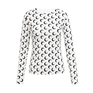 Crew Neck Long Sleeve Crop Top Short Shirt for Women, Crescent Moon Print Slim Fit, Versatile Casual Comfy Chic Edgy Style Fashion Essential