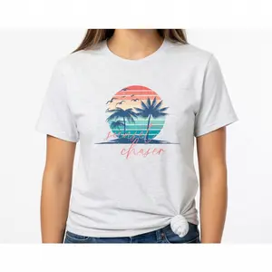 Retro Tropical Sunset Shirt - Sunset Chaser Unisex T-Shirt for Women's Beach Wear, Summer Island Vacation Tee, Beach Lover Graphic Gift, Ultra-Soft Premium Drape Fabric