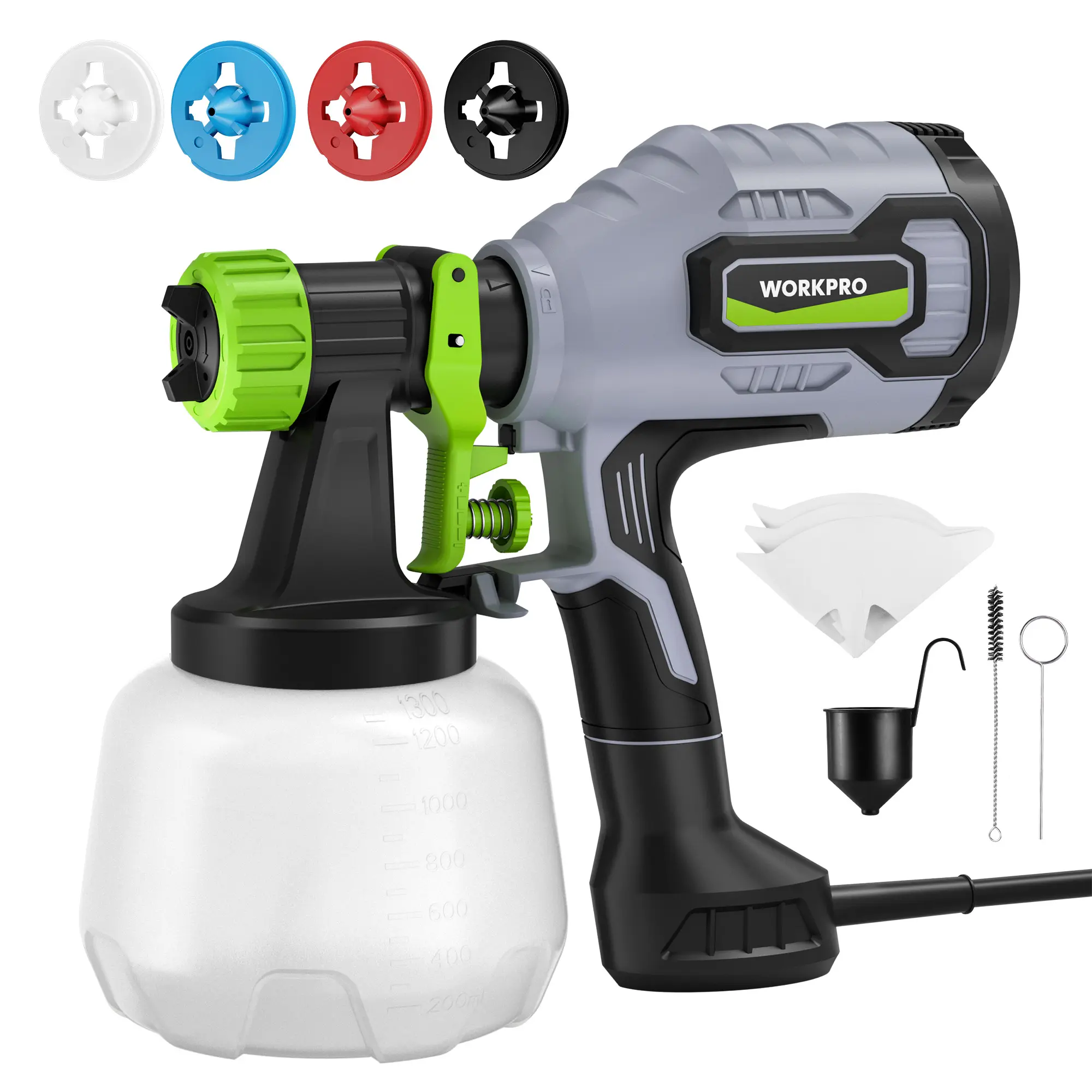 WORKPRO 600W Power Paint Sprayer Machine, HVLP Spray Gun with 4 Nozzles, 3 Spray Patterns, Flow Control, 44 fl.oz (1300ml) Container, Handheld Sprayer Kit with Cleaning Brush for Furniture, DIY Projects