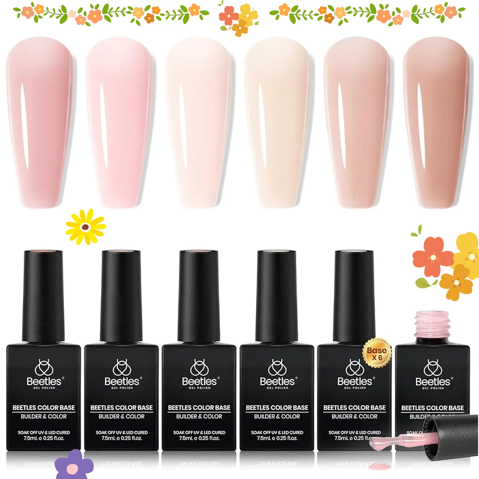 [Beetles] 6 Colors 5 In 1 Rubber Base Gel Nail Polish Set - Nude Pink Peach Neutral Sheer French Tips Soak Off Flexible UV LED Gel Kit for DIY Home Manicure