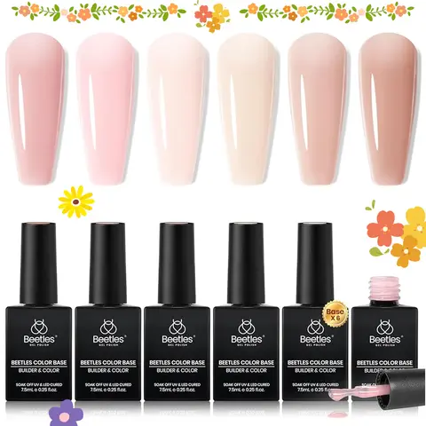 Beetles 5-in-1 Rubber Base Gel Nail Polish Assortment Kit - 6 Resin-Infused 7.5mL Nude Shades Bottles, Low Odor Flexible Gel, Soak-Off Nail Care Repair & Strengthener, Youth Glossy At-Home Manicure, Requires UV LED Light