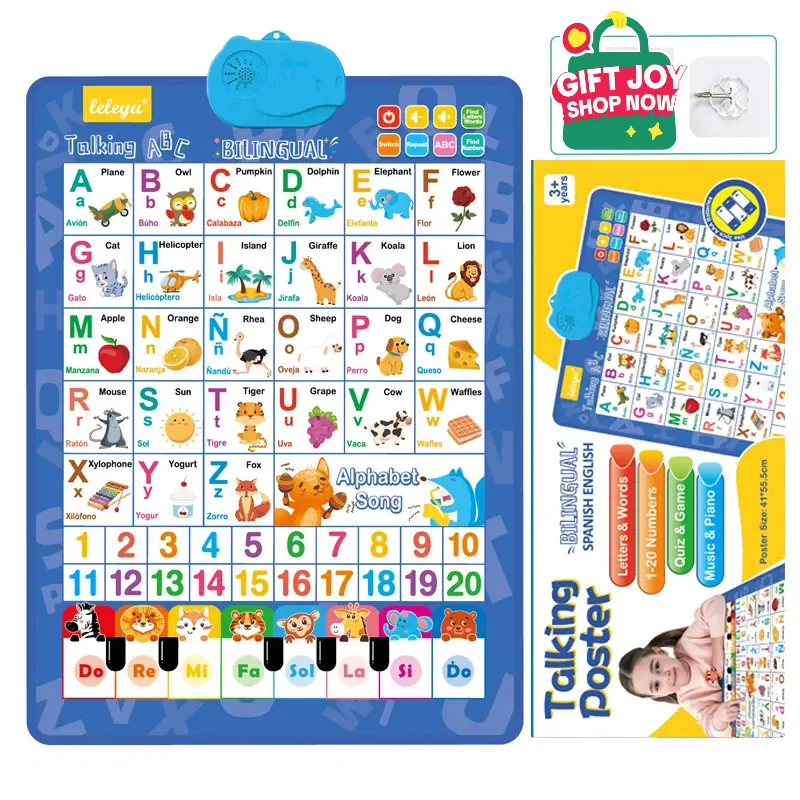 English & Spanish Bilingual Alphabet Sound Poster - with Songs ABCs Numbers Animal Words & Piano Interactive Educational Toy for Toddlers 1-6 No Screen Battery Powered Alphabet Preschool Teaching Supplies for Kids