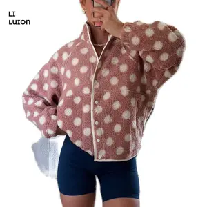 Womens Winter Warm Checkered Coats Cropped Long Sleeve Fleece Stand Collar Zip Up Plaid Jacket Outwear