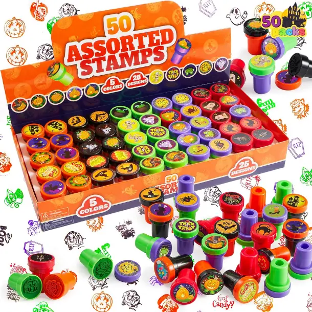 50 Pcs Halloween Stamps for Kids, 25 Designs Assorted Plastic Stamps Bulk, Trick Or Treat Stampers for Halloween Party Favor Gifts, Halloween Goodie Bag Fillers Classroom Game Prizes