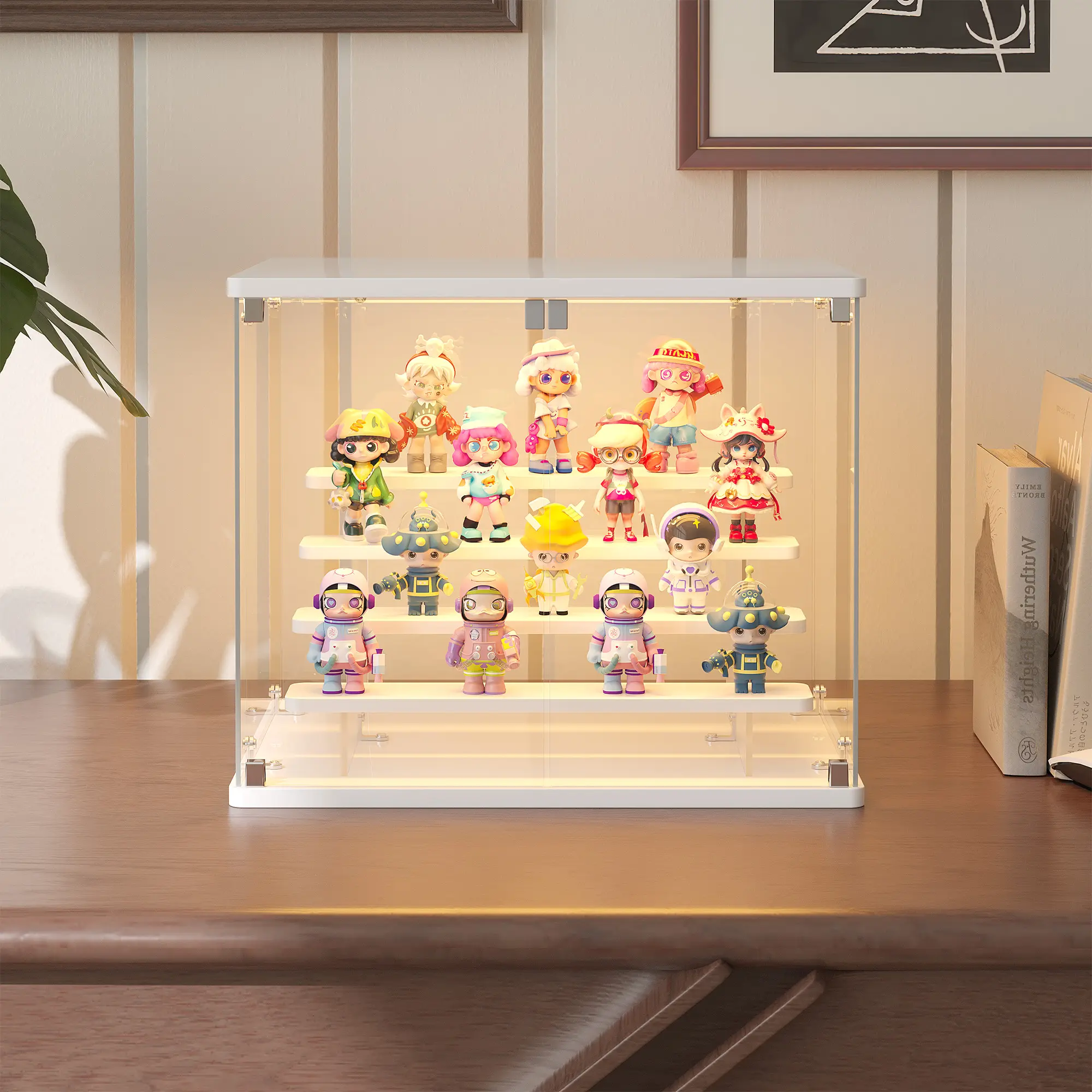 Dystler 4-Sided All-Clear Glass Tabletop Display Showcase, Easy DIY Assembly, RGB Light with Music Sync, Dustproof Collector Cabinet with Magnetic Glass Door & Removable Acrylic Risers for Figurines, Scale Models and Blind Boxes