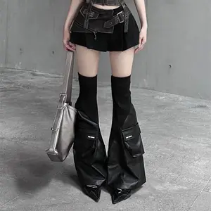 Slimming Stackable Mid Calf Socks Designer Niche Leather Sock Sleeves Gothic Baddie PU Leg Warmers Micro Flare