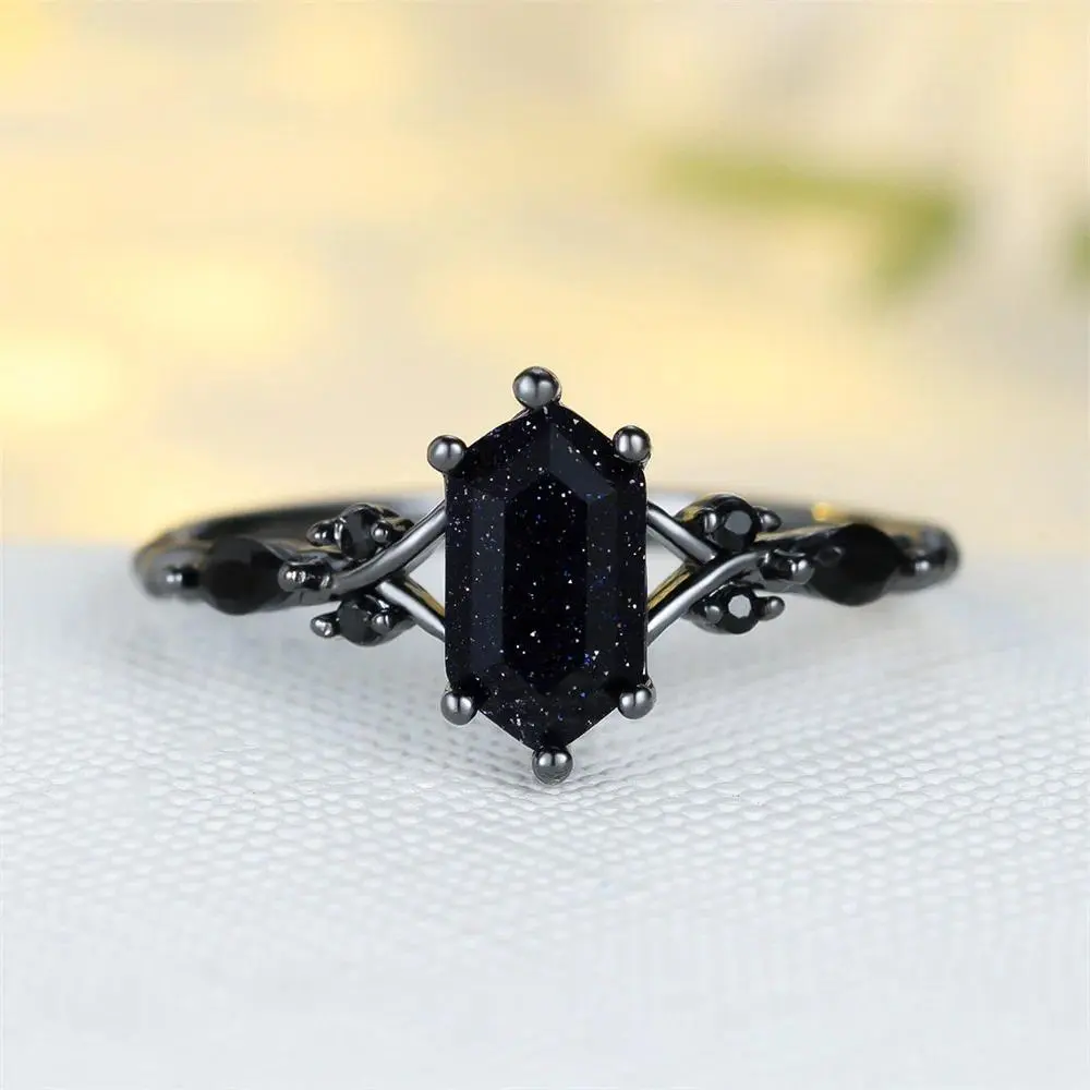 Women's Vintage Geometric Design Ring - Black Metal Band with Blue Crystal, Black Zircon - Engagement, Wedding Costume Jewelry Band