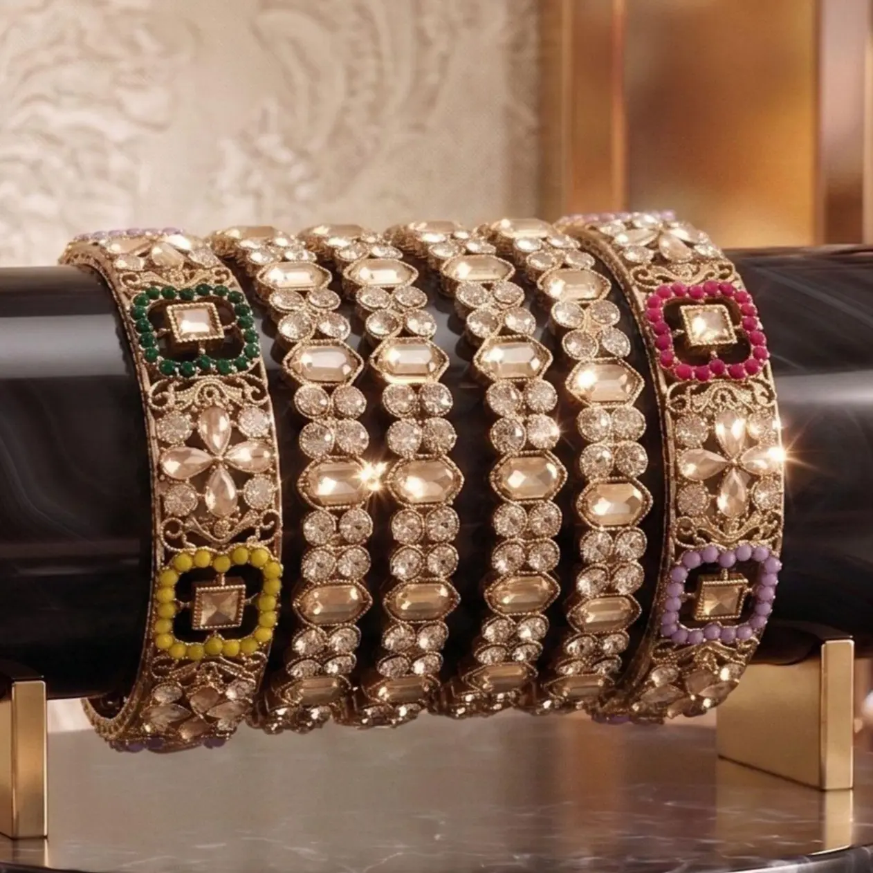American Diamond Shadow Stone Bangle 6 Pcs Set | Pakistani Party Wear & Indian Bridal Jewelry