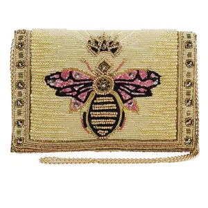 Mary Frances Women's Gold Beaded Buzzed Queen Bee Convertible Clutch Crossbody Bag - Storage Space, Chain Strap, Hands-Free Accessory, Beading