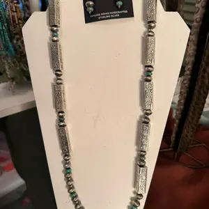 36” Silver beaded necklace with turquoise handmade  set