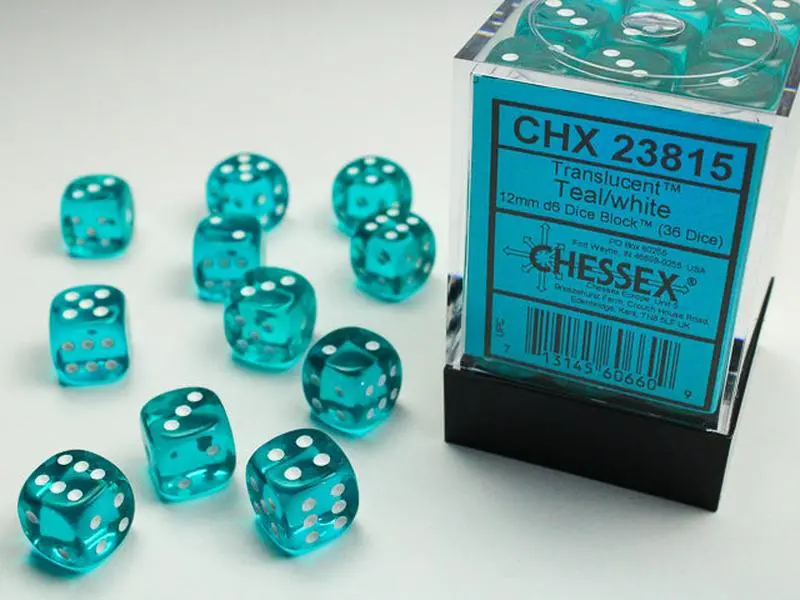 Translucent (Teal/White) Chessex Brand 12mm D6 Dice Set 36ct.