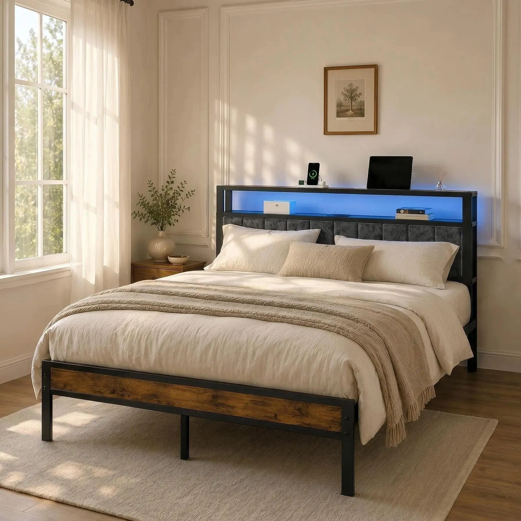 DAYAGO Bed Frame Metal Platform Bed with Headboard, Queen Bed Frame Headboard with 2-Tier Storage and LED Light, Twin/Full/Queen/King, Charging Station Type C & USB Ports for Bedroom, No Box Spring Needed