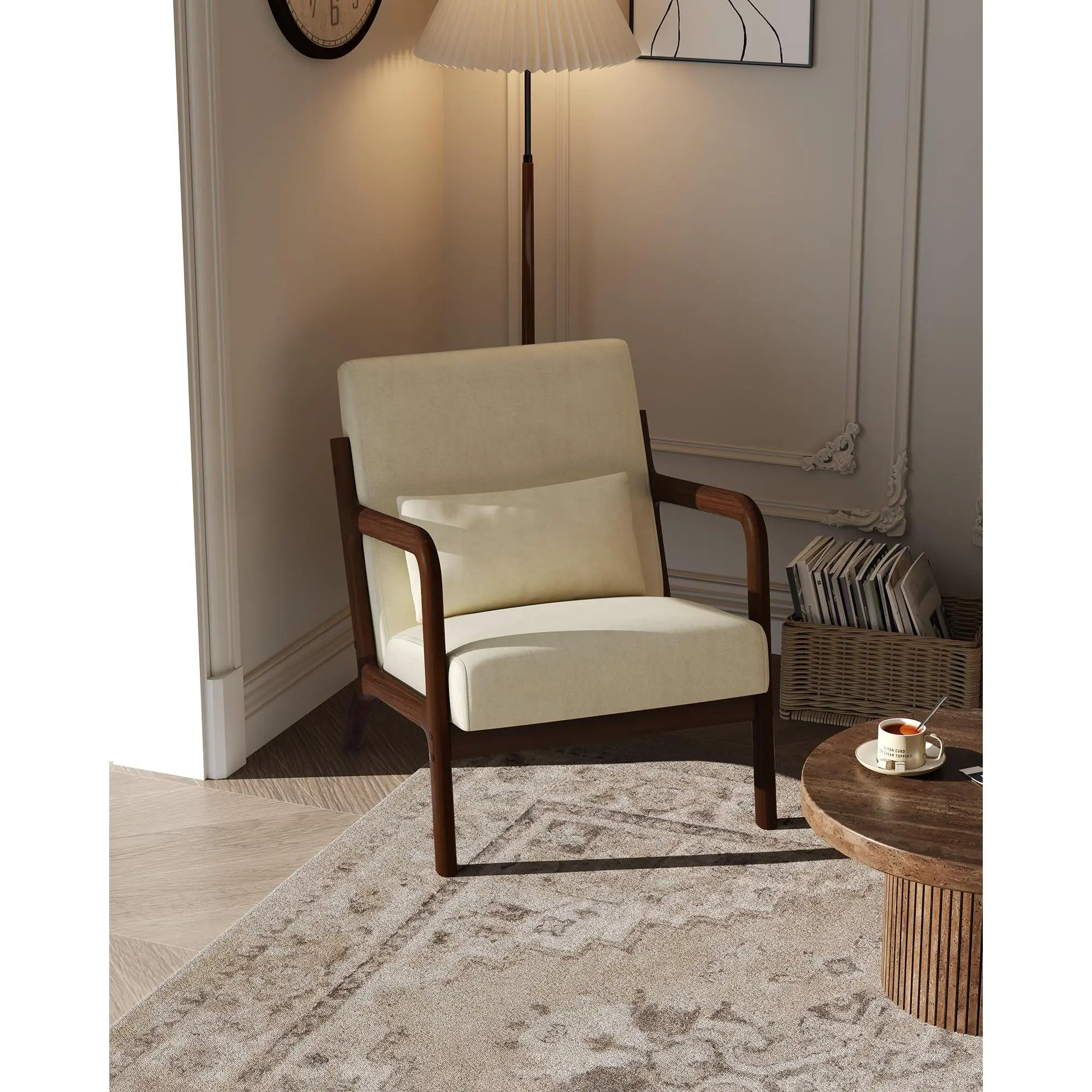 Mid-Century Chenille Accent Chair, Cozy Reading Chair, Modern Lounge Armchair with Lumbar Pillow, Solid Wood Frame, for Living Room, Bedroom, Office, Beige