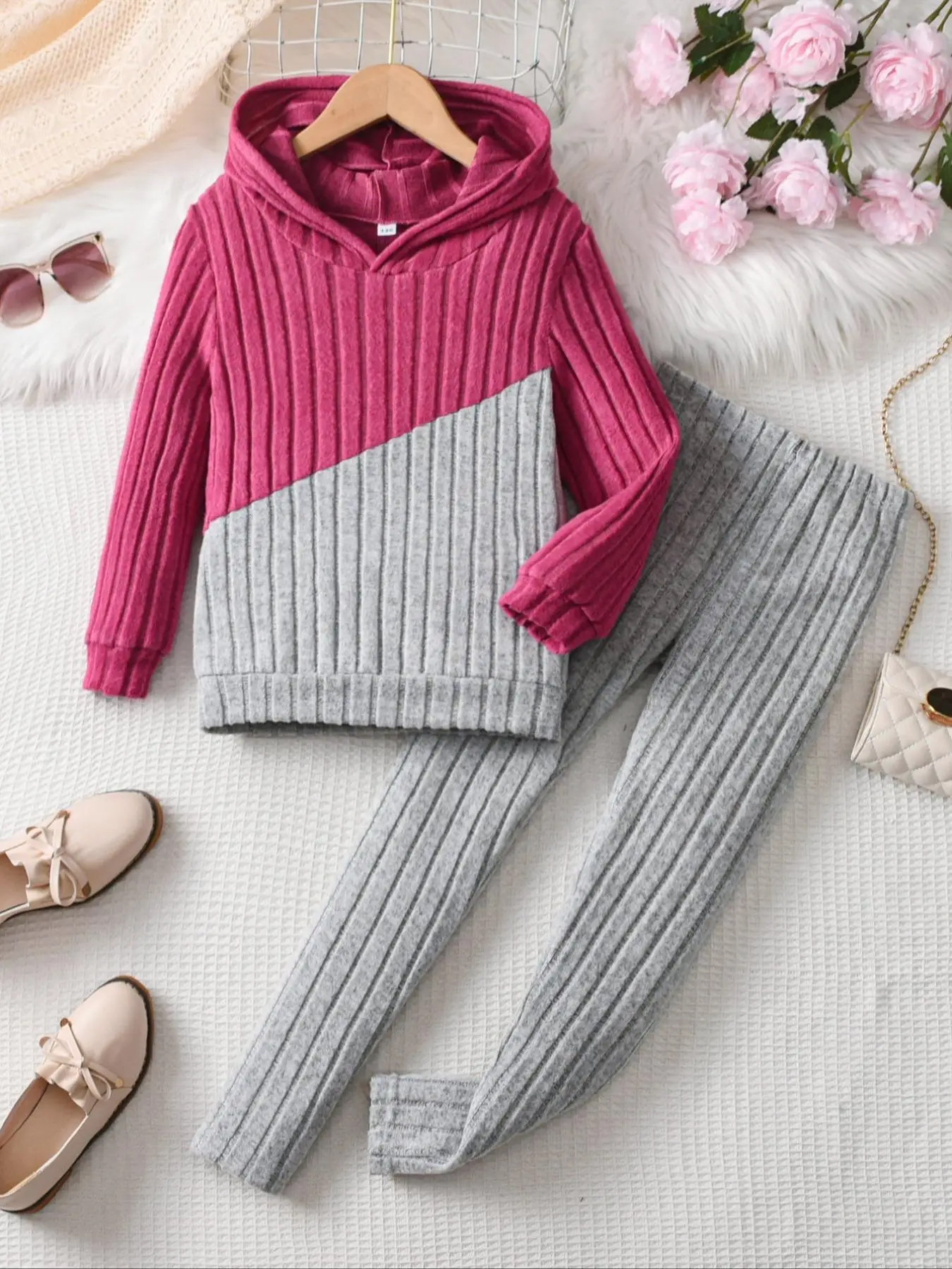 Two-Piece Set Girl's Colorblock Hooded Sweatshirt & Plain Elastic Waist Pants Ribbed Set, Casual Long Sleeve Hooded Sweatshirt & Trousers for Fall & W