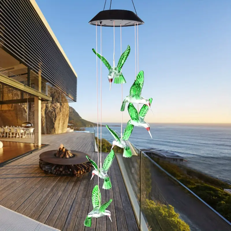 Solar-Powered Hummingbird Wind Chime with Color-Changing LED Lights - Plastic, Outdoor Garden Accessories, Solar Panel Base, 600mAh Nickel Battery, XL65905 - Decorative Hanging Ornament for Garden, Patio - Ideal Birthday Gift for Nature Lovers