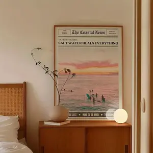 Coastal Wall Art Print, Vintage Wall Art, Retro Beach Sunset Surfboard Pattern Unframed Canvas Decoration, Artistic Rustic Aesthetic Bedroom Wall Decor, Home Decor, Ornaments