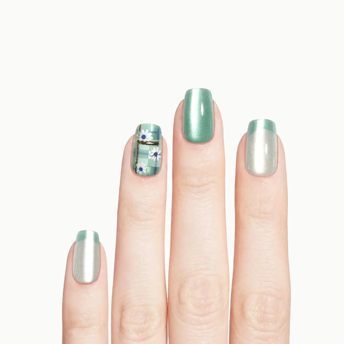 Meadow Bloom – Square Mint Plaid Daisy Press-On Nails