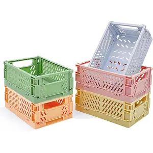 5-Pack Small Foldable Storage Bins for Desk Organization, Stackable Mini Plastic Storage Crates for Home Office Organizer, Folding Small Storage Basket Containers