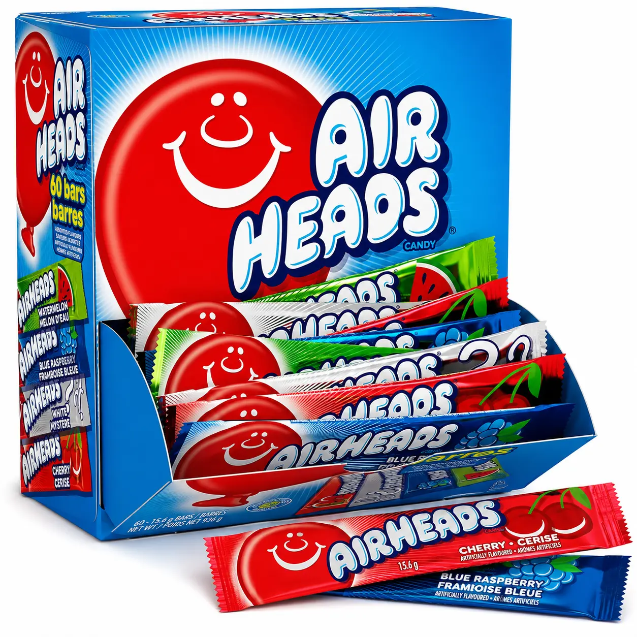 Airheads Full-Size Chewy Taffy Candy Bars, Gluten-Free Kosher Bulk Variety Pack - Individually Wrapped, 6 Assorted Artificial Fruit Flavors, Chewable Sweet Snack for Halloween, Birthday, Office Count Box