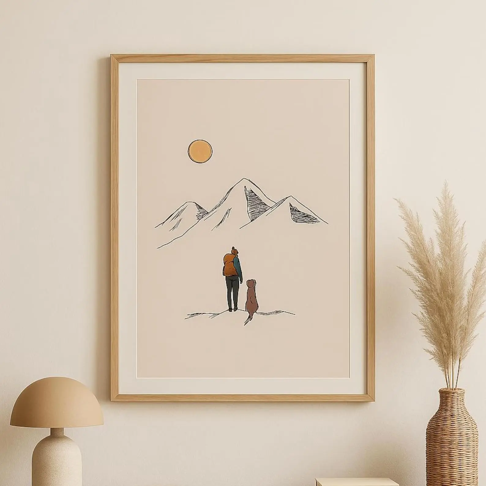 Minimalist Mountain Hiking Poster Dog and Hiker Wall Art Adventure Landscape Print Nature Illustration for Home Decor
