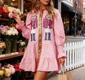 Women's Christmas Sequin Nutcracker Dress Holiday A-Line Long Sleeve Mini Shirt Casual Xmas Flowy Elegant Garment for Girls Party Womenswear