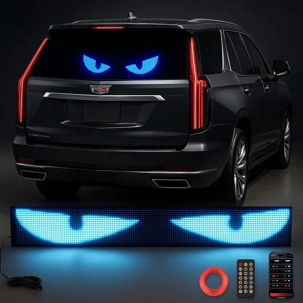 LED scrolling party sign set with car charger and USB adapter; app-programmable animated text light board; USB-powered smart LED display; suitable for Christmas, New Year, birthdays, bars, and car interior decoration.