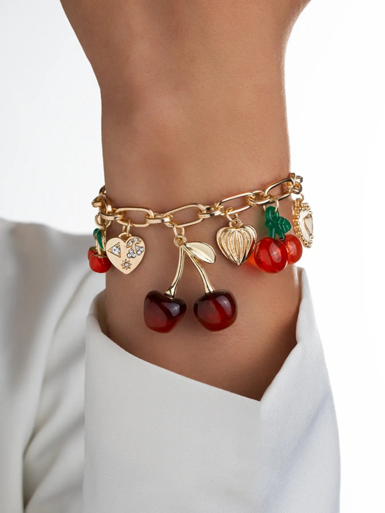 Sweet Cute Cherry Peach Heart Bow Adjustable Fit Alloy Material Women's Exquisite Bracelet with Pendant, Bangle Jewelry, Stackable Bracelets, Multi-Element Pendant for Daily Use, Perfect Party and Birthday Gift