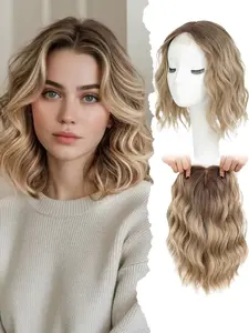 12 Inch Short Wavy Ombre Blonde Synthetic Hair Topper, Breathable Lightweight Base, Natural Fluffy Volume, Scalp Coverage, Synthetic Fiber Wigs