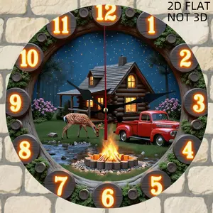 1pc Rustic Campfire Glow Round Wall Clock - Silent Non-Ticking Quartz Movement, Wood/Plastic Frame with Campfire - Battery- (Not Included) - Vintage for home Decor Suitable for Living Room, Bedroom, Office, Kitchen, Christmas & Halloween Decorations