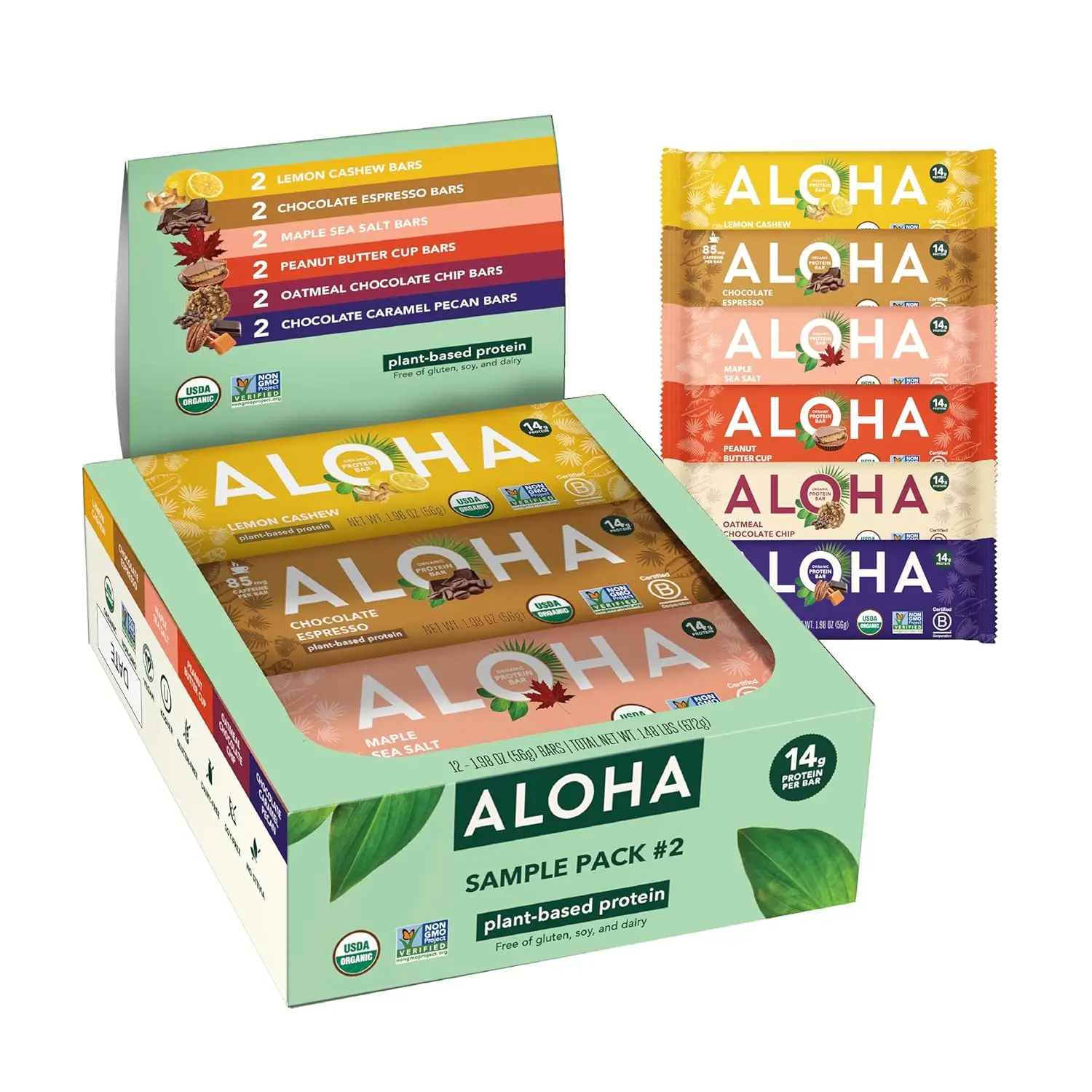 ALOHA Organic Vegan Protein Bars Sampler Pack 2nd Edition, 12 Plant Based Snack Bars, Low Sugar, Gluten Free, Paleo, Low Carb, Non GMO