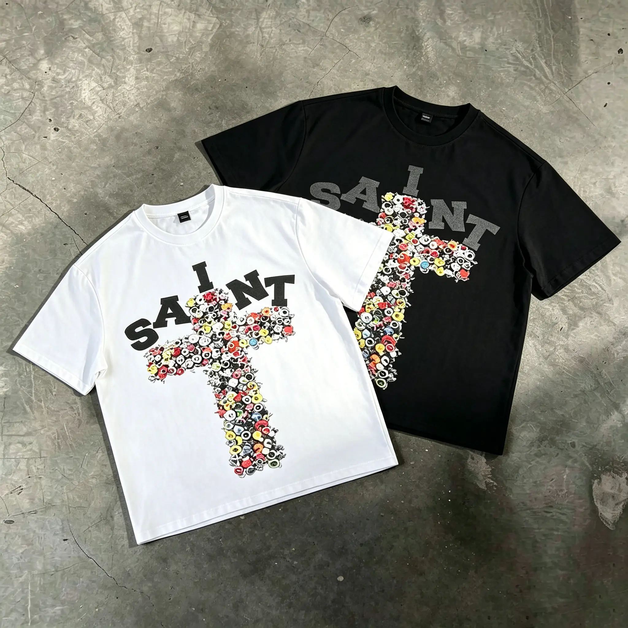 Saint Cross Graffiti Eyes Graphic T-Shirt, 100% cotton streetwear hip hop casual short-sleeve tee for men, women, unisex fashion top, cool gift for fans, white