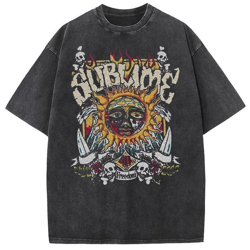 Holafish Oversized Acid Wash Vintage Sun Graphic T-Shirt Heavyweight Cotton Streetwear Casual Sassy Statement Tees for Men & Women