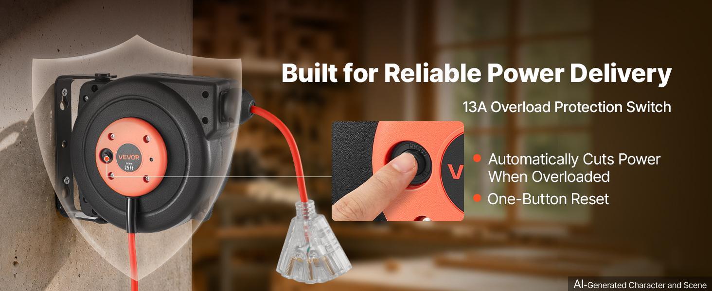 【BackToSchool】VEVOR Retractable Extension Cord Reel 25FT Heavy Duty 14AWG/3C SJTOW Red, for Ceiling/Wall Mount, 13A Circuit Breaker, Automatic Retractable Power Cord, Lighted Triple Tap, with 180° Swivel Bracket