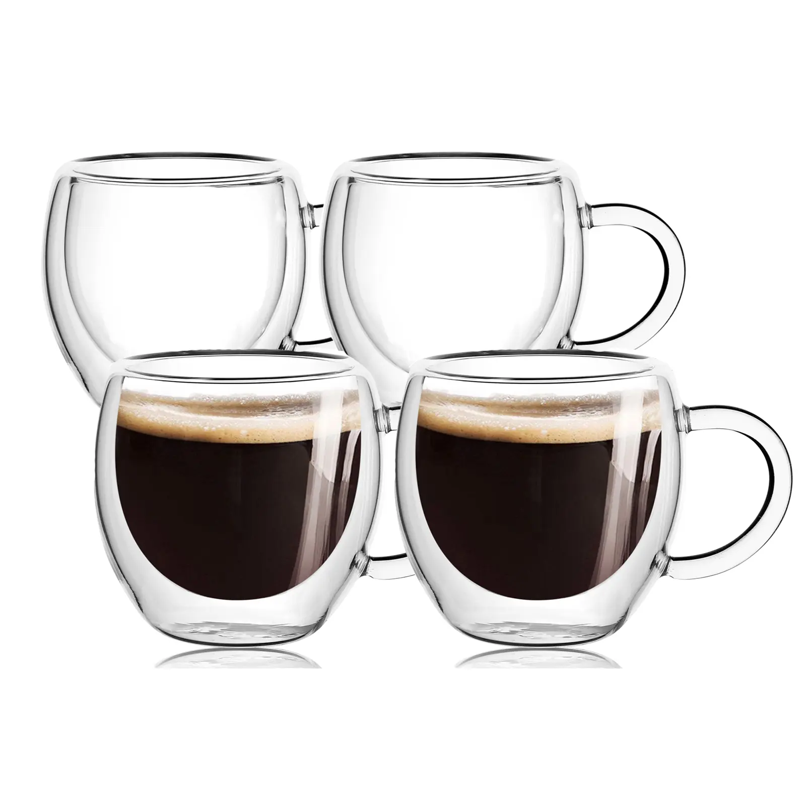 Set of 4 2.5oz Double Walled Espresso Cups, Clear Borosilicate Glass Coffee Shot Cups with Handle, Perfect Drinkware Essentials
