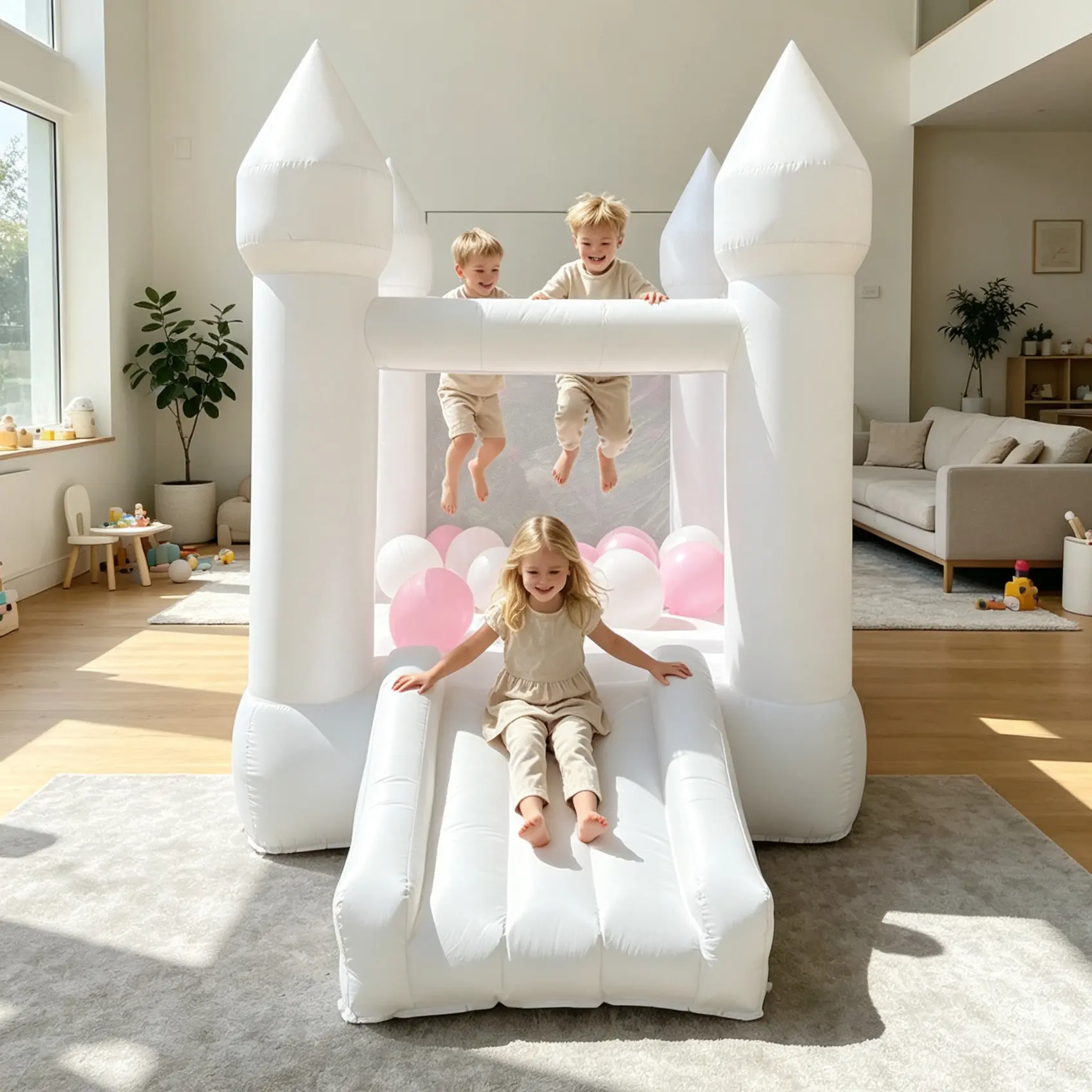 White Themed Castle Bouncer for Kids Ages 3-8, Indoor Outdoor Oxford Toddler Bounce House with Slide & Blower, Includes Anchor Stakes & Repair Patches, 160 lbs Capacity Children's Birthday Party Gift campingessentials