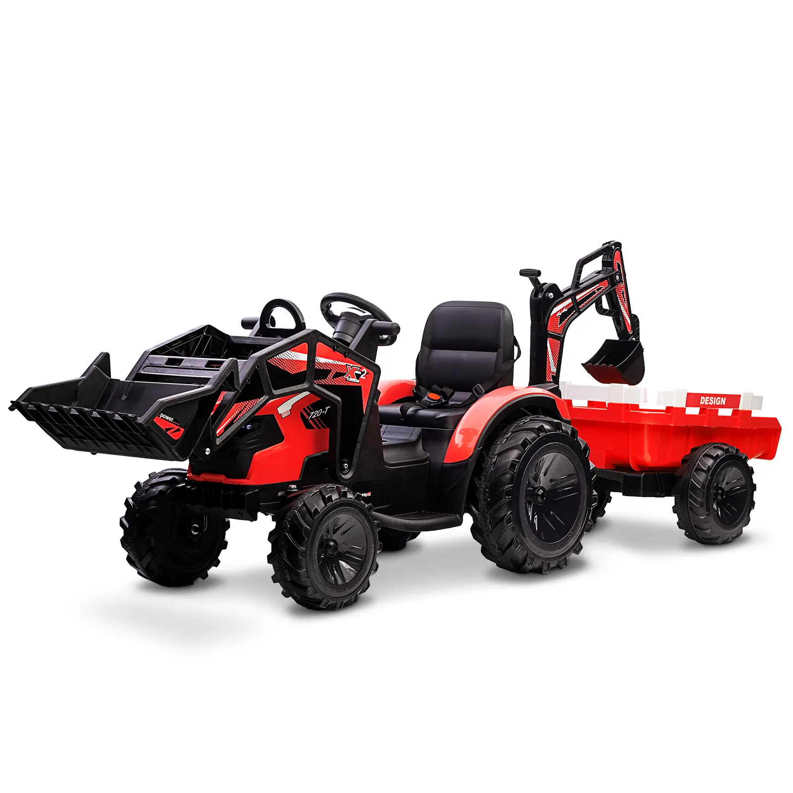 24V Battery Powered 3-in-1 Remote Control Construction Toy Car - Excavator/Bulldozer/Tractor, LED Lights, Music, USB Charging, Safety Belt, MP3 Port, Forward Backward Functions, EVA Material, Outdoor Play, Red, for 12+ Years Old